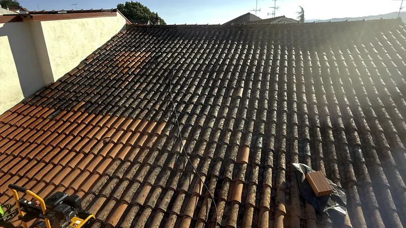 Telhado sujo com parte das telhas já lavadas