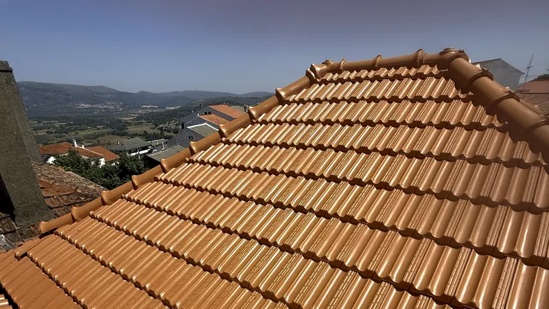 O mesmo telhado com as telhas cor de laranja limpas e pintadas